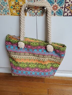 Source Unknown Neon Patterned Rope-Handle Tote in Green Pink Blue Orange Cream